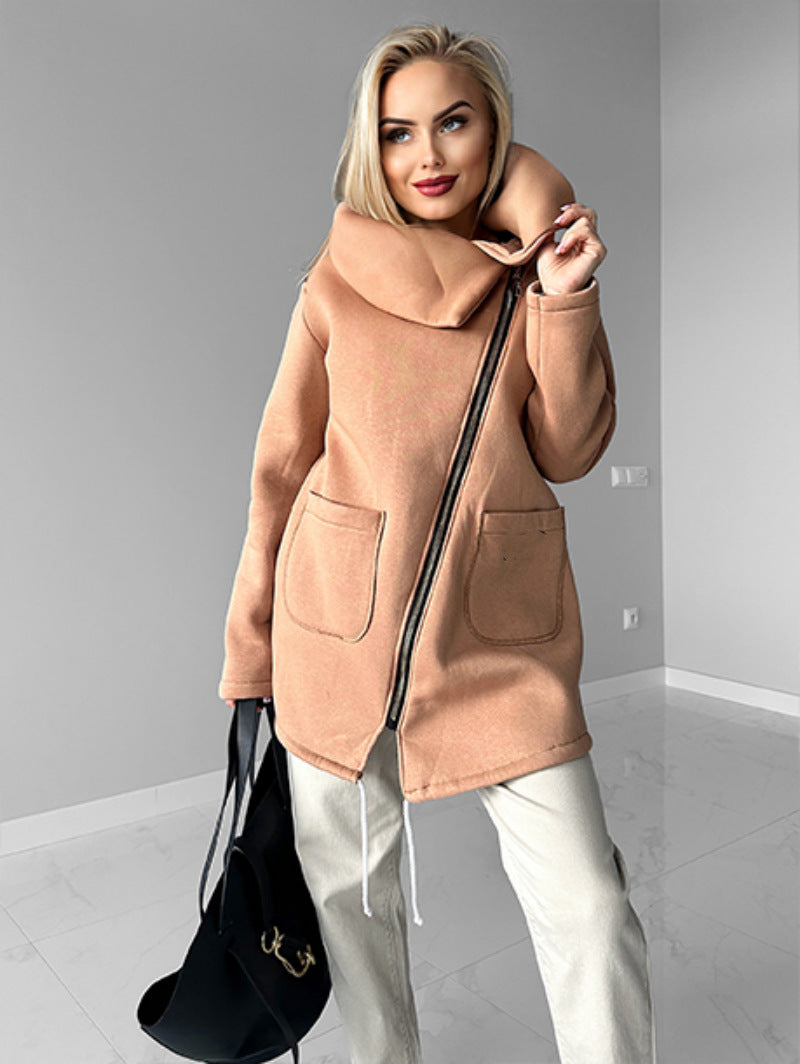 Street-wave Fleece Jacket With Diagonal Zip And Revers Collar Mid Length For Women Cozy Warm Outerwear