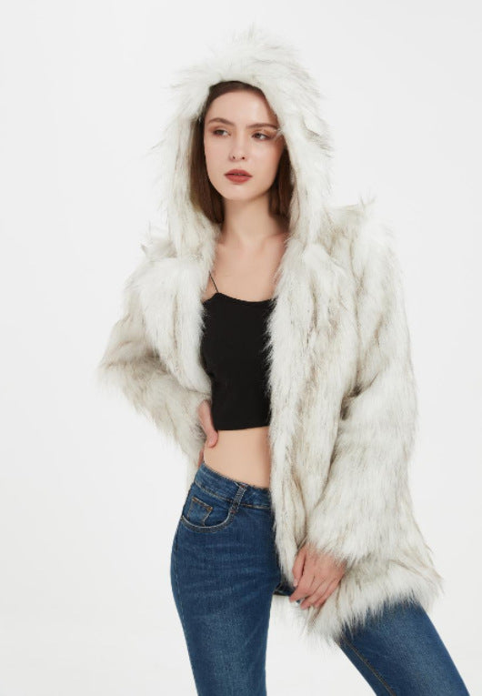 Street-Wave Womens Faux Fur Hoodie Jacket With Side Pockets Soft Plush Lined Cozy Warmth