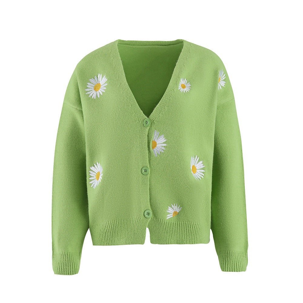 Floral Embroidered V Neck Cardigan For Women Cozy Cotton Street-wave Versatile Everyday Wear