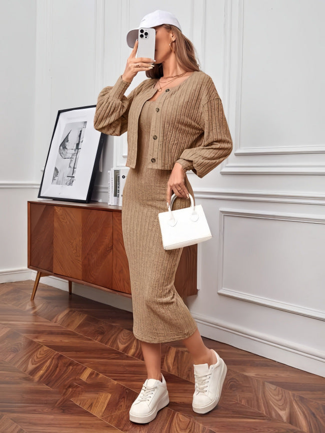 Streetwave Women Knit Set Button Front Cardigan With Oversized Sleeves Maxi Skirt Chic