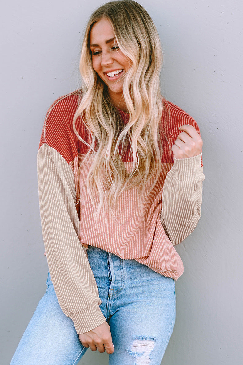 Street-Wave Women's Ribbed Knit Sweater With Color Block Casual Cozy Pullover For Women