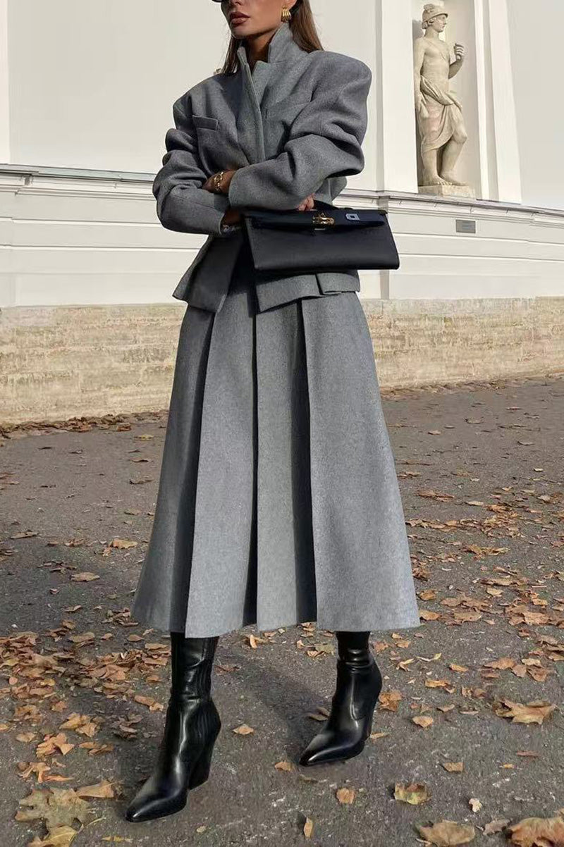 Street-Wave Single-Breasted Wool Jacket And Coordinating Skirt Set For Professional Women Tailored And Elegant