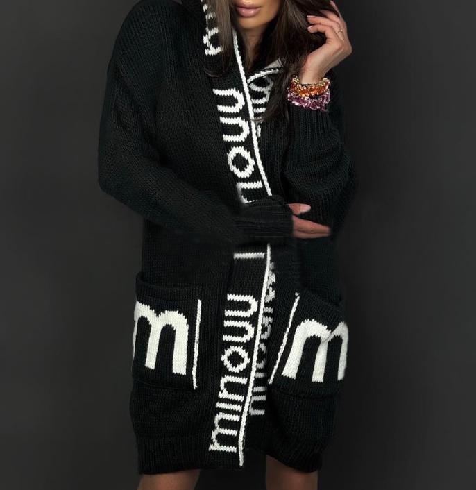 Women's Knit Cardigan Street-wave Cozy Soft Wool With Deep Pockets And Logo Print