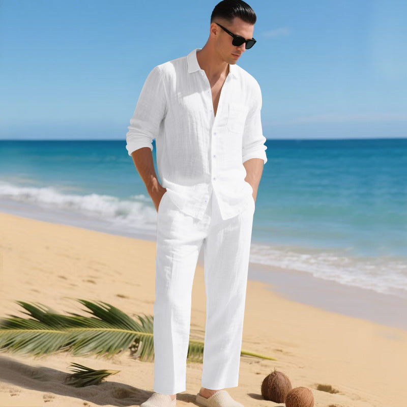 Street-wave Men's Lightweight Linen Outfit With Breathable Shirt And Elegant Trousers Summer Ready