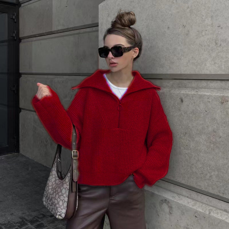 Streetwave Zip Front Rib Knit Pullover Soft Warm Versatile Casual Chic For Women Everyday Wear