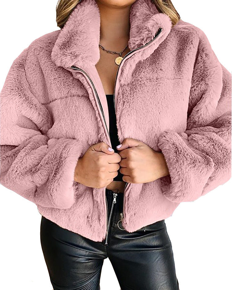 Street-wave Women's Fluffy Trend Jacket With High Collar For Cozy Warmth And Modern Chic