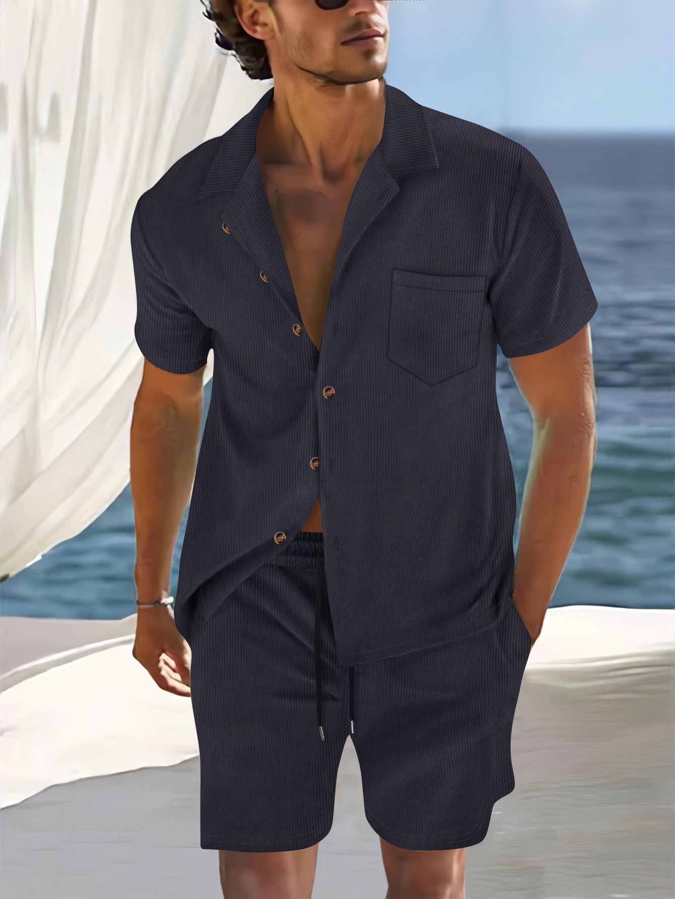 Men's Set With Shirt And Shorts Relaxed Fit Cuban Collar Light Cotton Blend For Summer