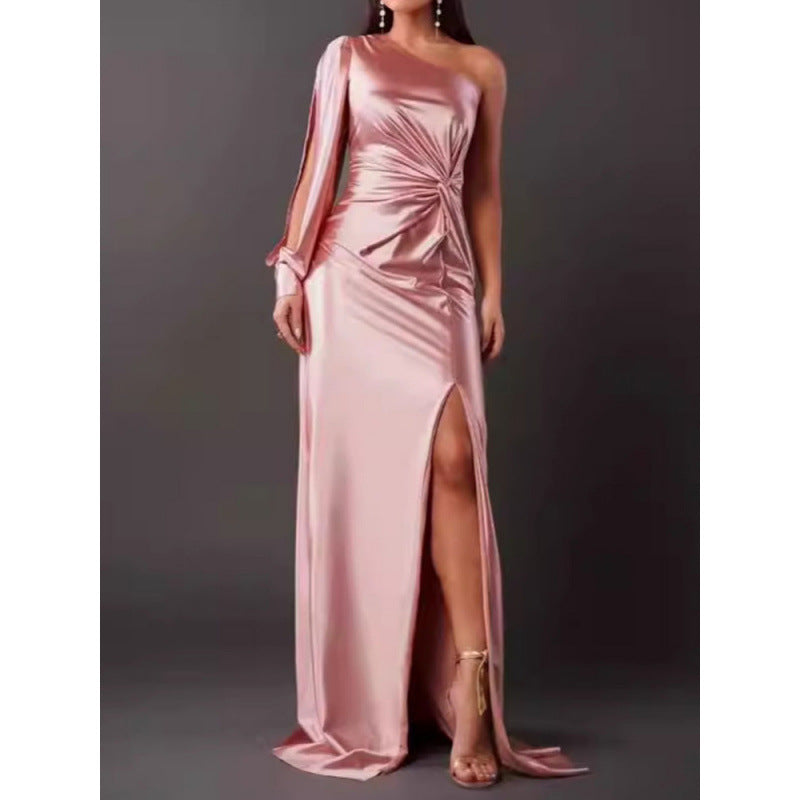 Street Wave Satin One Shoulder Maxi Dress For Women With Slim Fit And High Slit