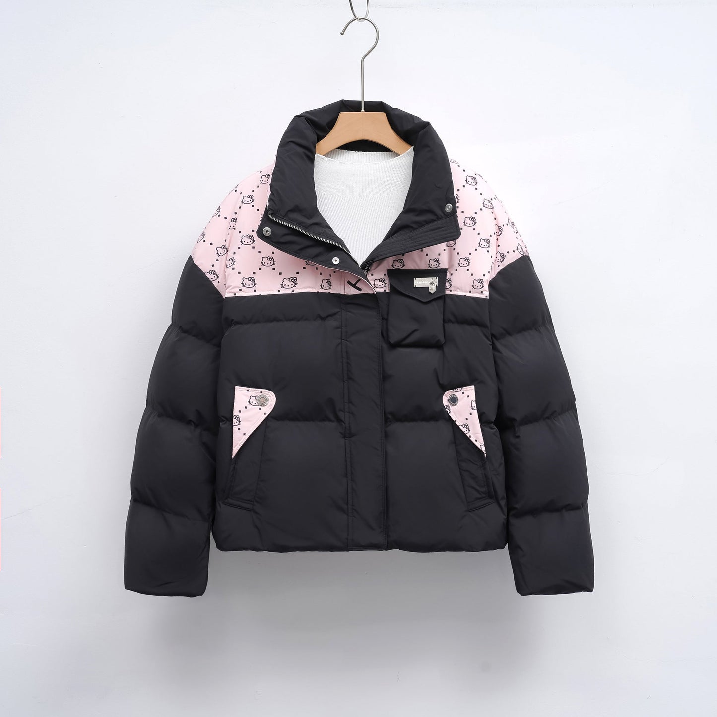 Streetwave Womens Puffer Jacket With High Collar And Hello Kitty Pattern Cozy Lined Winter Coat