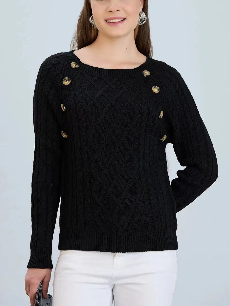 Street-Wave Women's Diamond Knit Pullover With Decorative Buttons Cozy Classic Sweater