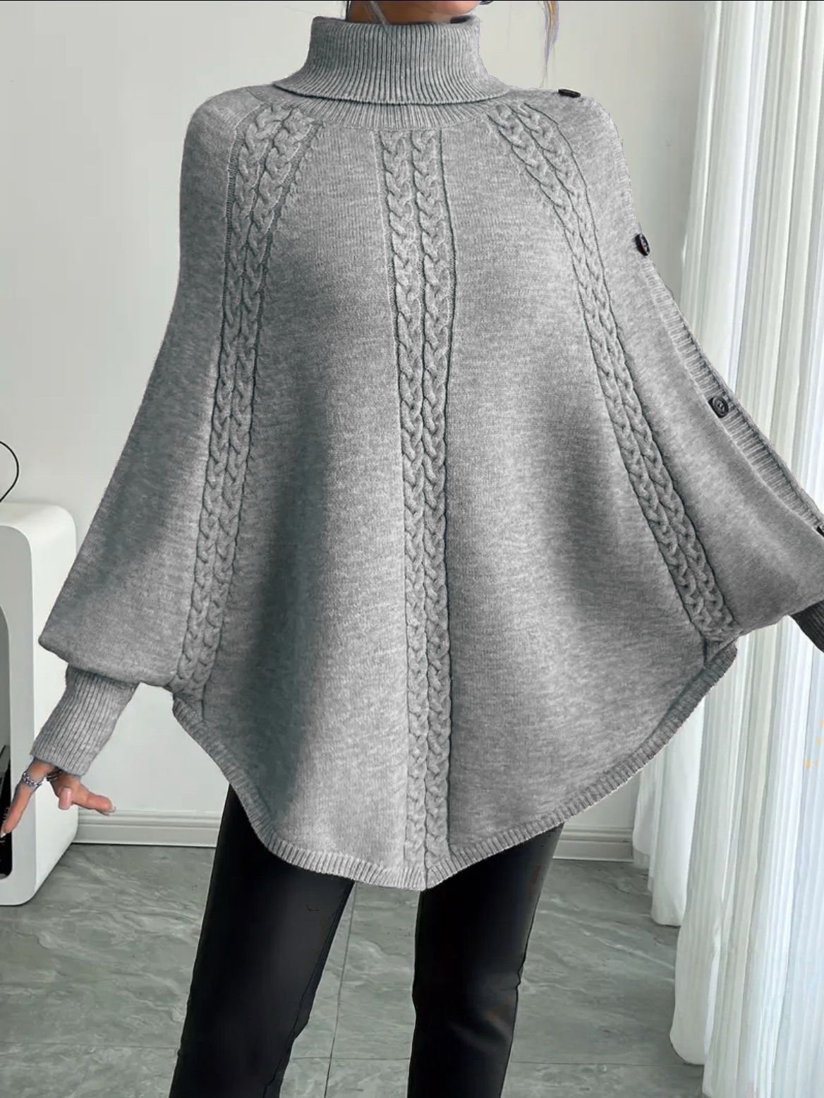 Street-Wave Women Cable Knit Poncho With Turtleneck Cozy Warm Oversized Style For Cold Weather