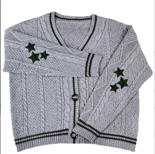 Street-Wave Womens Chunky Cable Knit Cardigan With Star Embellishments For Women Cozy Warmth