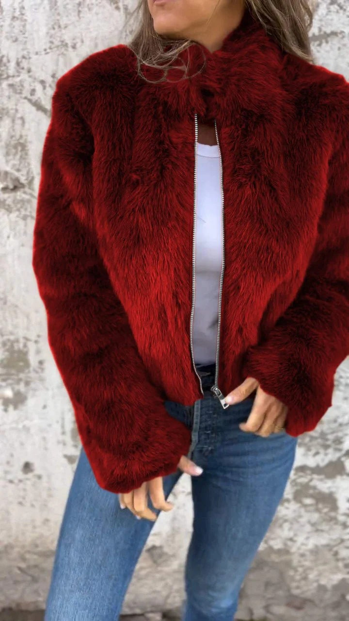 Street-Wave Faux Fur Zip Up Blazer With Stand Collar For Winter Women Warm Chic Outerwear
