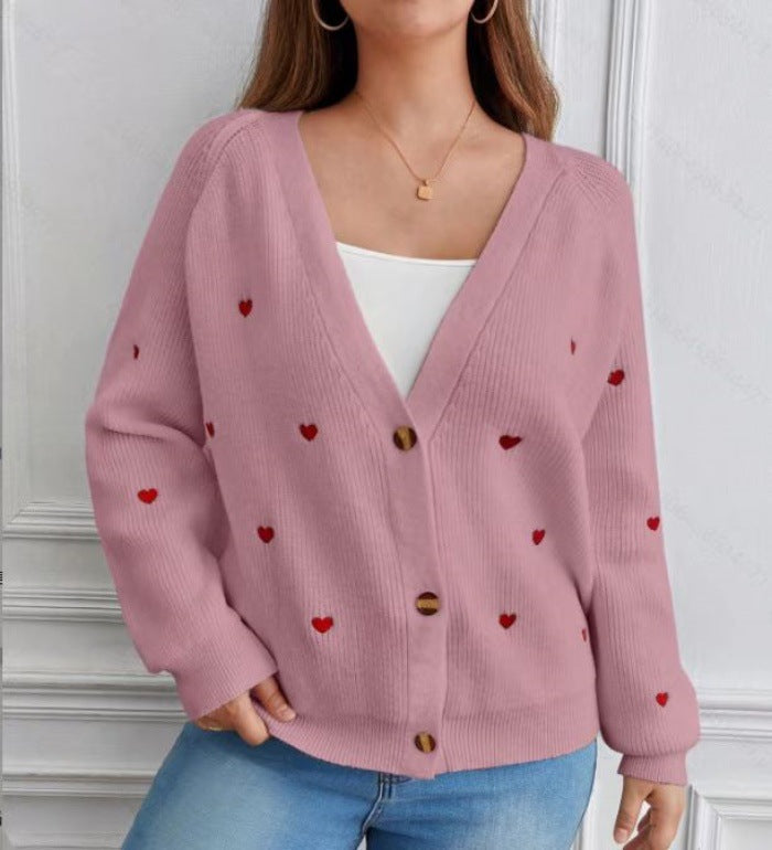 Street Wave Women's Cardigan With Heart Appliques And Deep V Neck Soft Cotton Cozy Fit