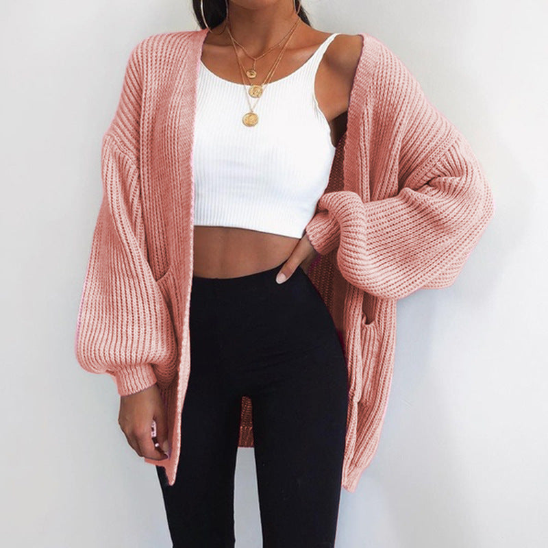Street-wave Oversize Knit Cardigan for Women with Puff Sleeves - Luxurious Soft Cotton, Cozy Wide Fit