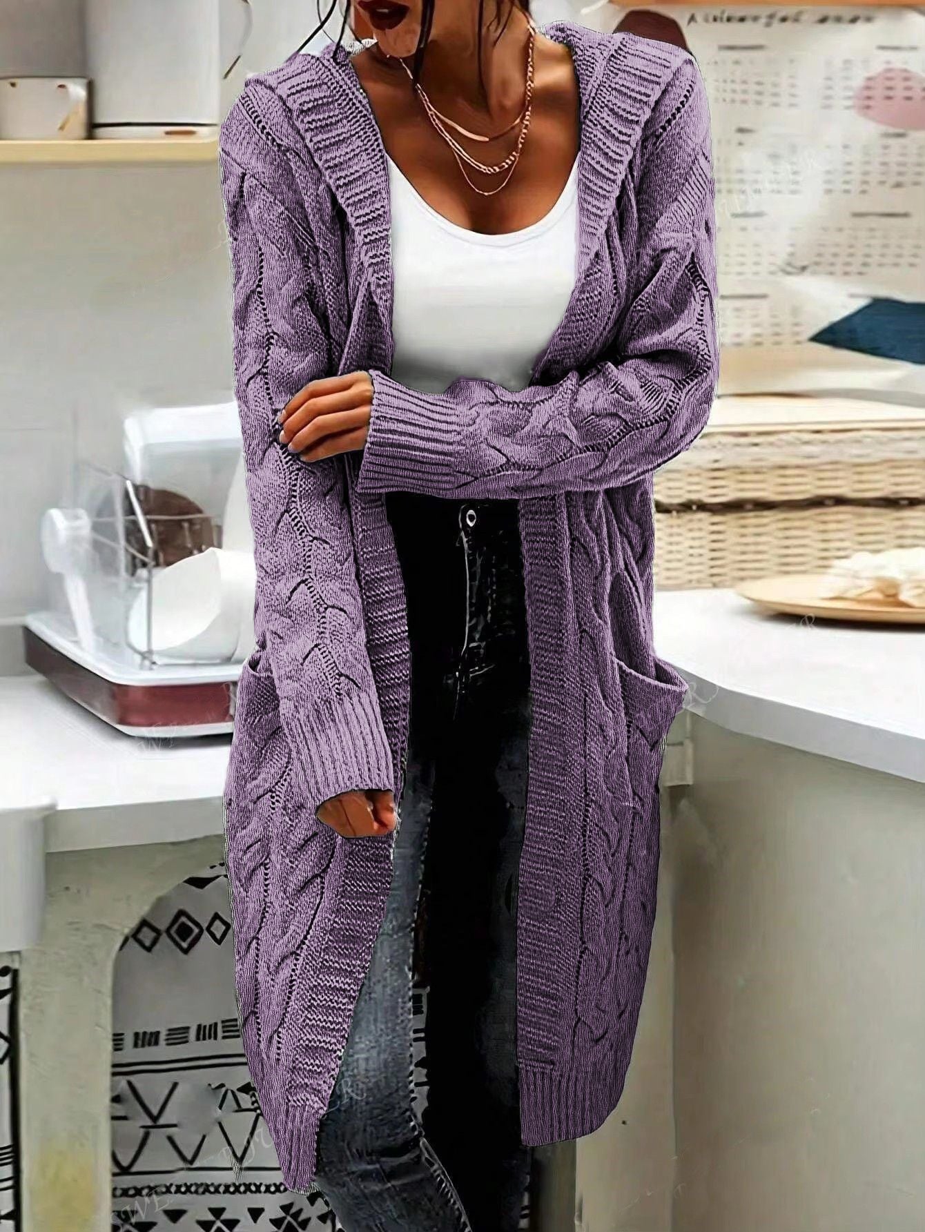 Street-Wave Cozy Women's Cable Knit Cardigan With Pockets In Relaxed Long Fit All Sizes