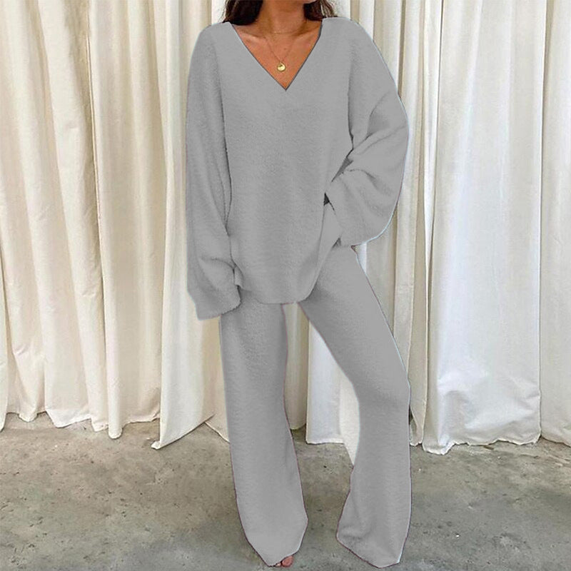 Street Wave Women Cozy V Neck Knit Jumpsuit With Wide Leg For All Day Comfort And Relaxed Style