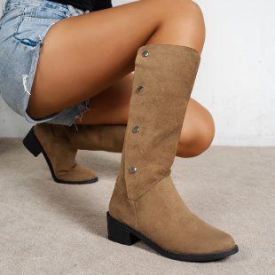 Street-wave Women Suede Knee-High Boots With Button Details For Elegant Comfort And Winter Style