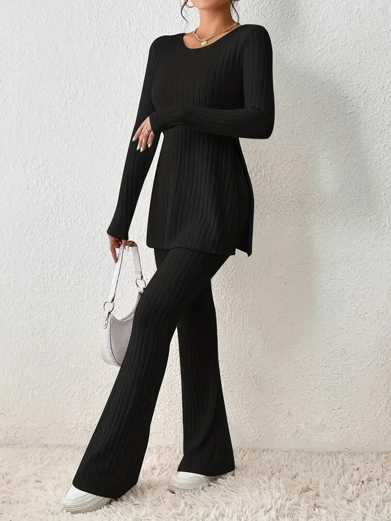 Street-Wave Women Ribbed Knit Lounge Set With Long Sleeves And Flared Pants Cozy Homewear