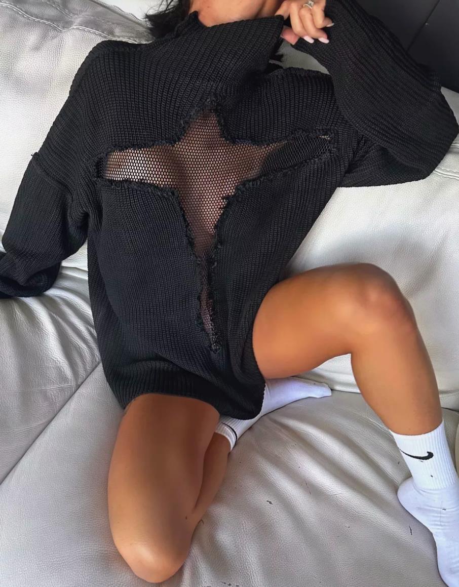 StreetWave Oversized Knit Sweater With Mesh Insert For Women Bold Unconventional Design Soft Comfort