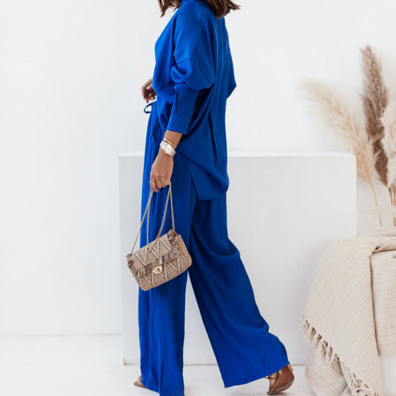 Street Wave Linen Two Piece Set For Women Loose Blouse And Wide Leg Pants Casual Comfort