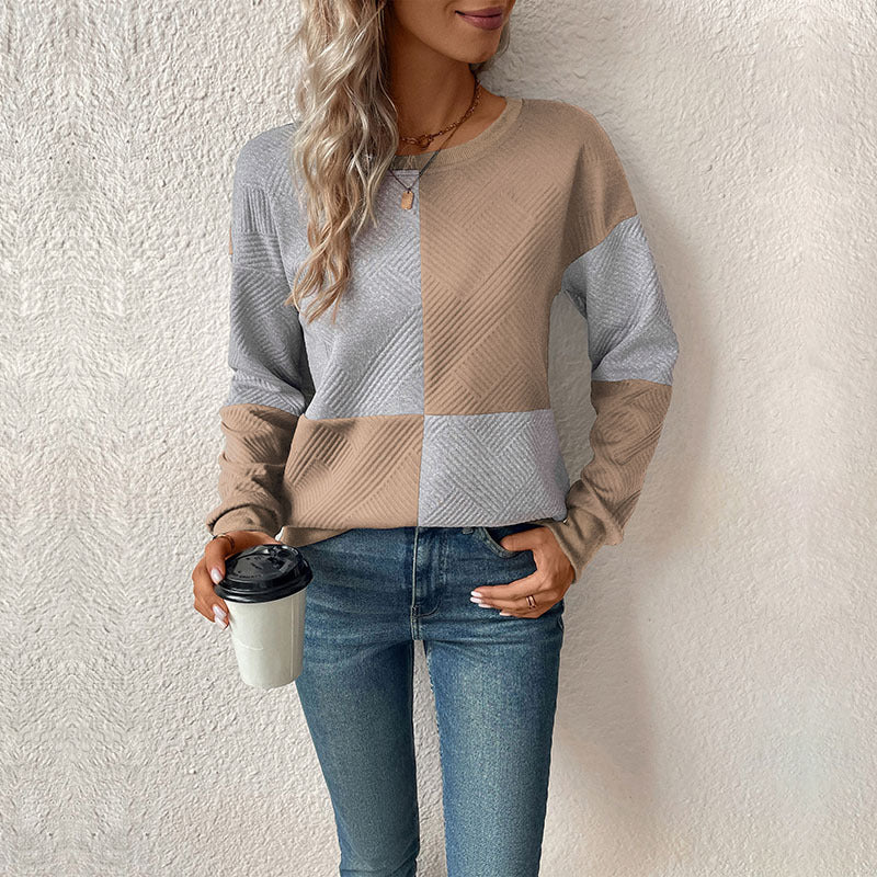 Street-wave Women's Color Block Sweatshirt with Breathable Cotton Blend, Trendy Blue Gray Panels