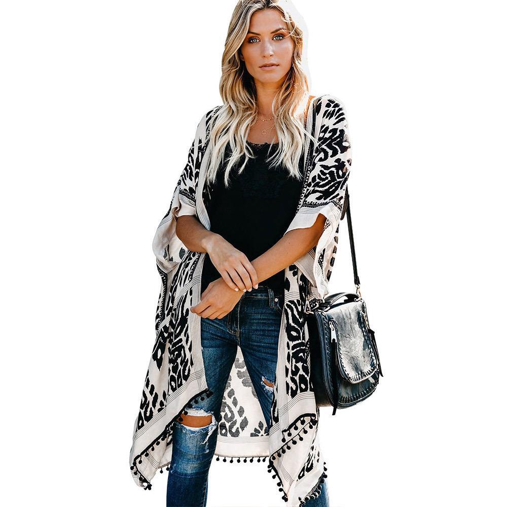 Kimono Cardigan For Women Lightweight Airy Patterned Boho With Fringed Hem Street Wave