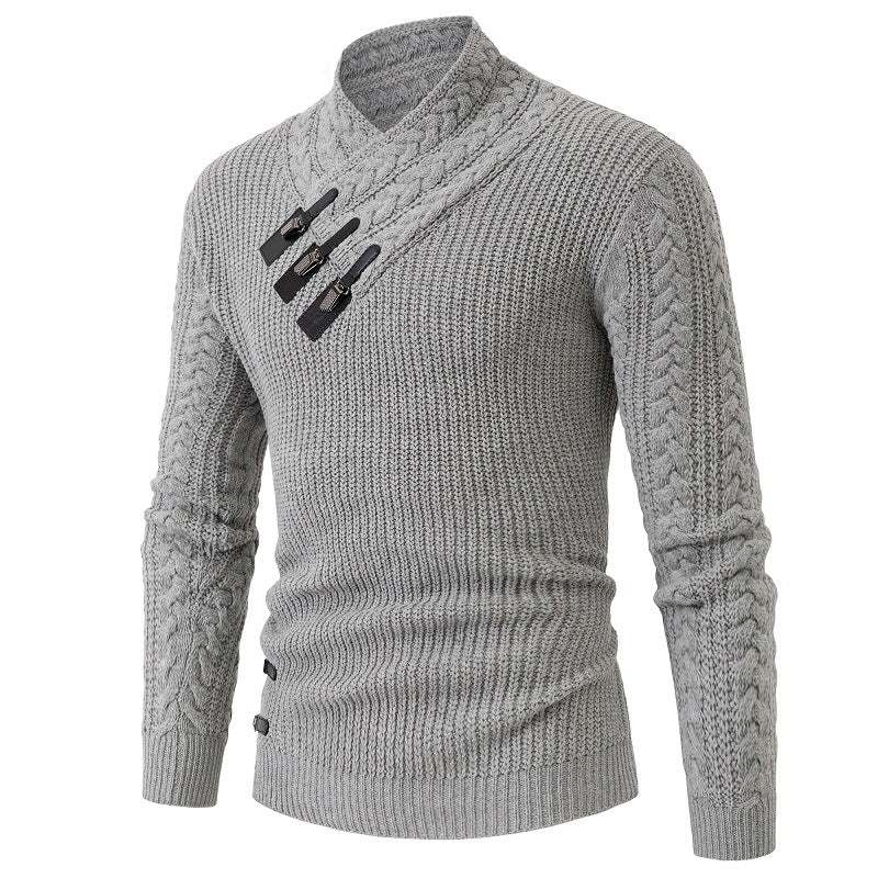 Street-Wave Mens Knit Sweater With Shawl Collar And Cable Knit Pattern For Men Warm Classic