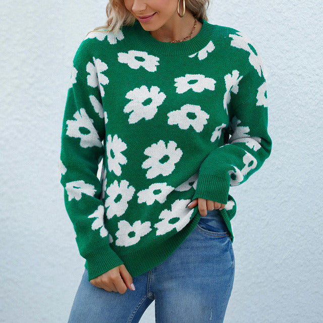 Street-wave Floral Knit Sweater For Women Cozy Acrylic Comfort Versatile Everyday Essential