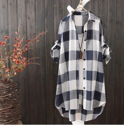 Street-wave Women's Oversized Plaid Shirt Breathable Cotton With Rolled Sleeves Casual Chic