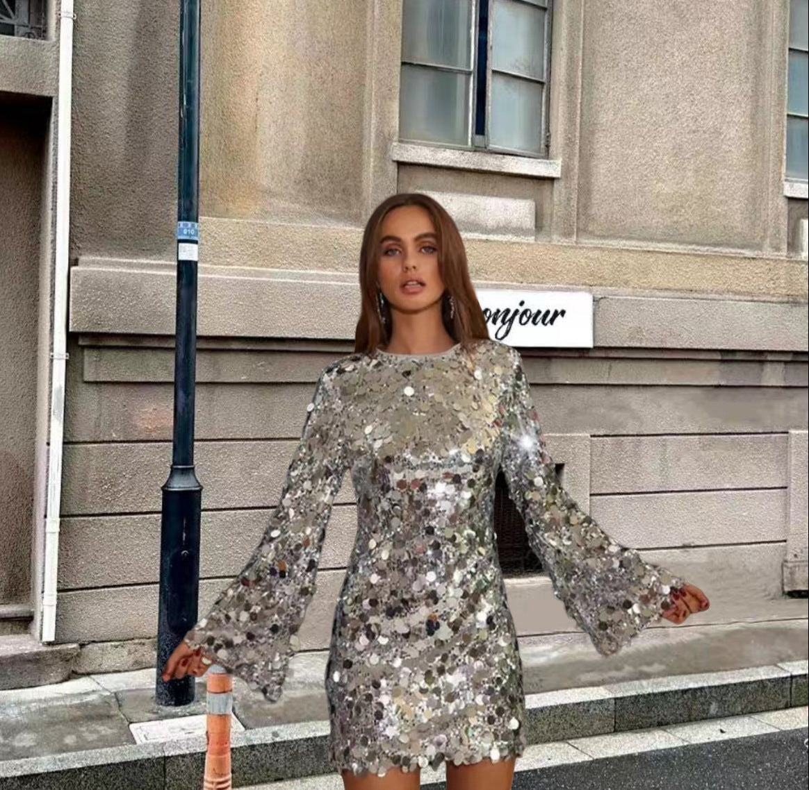 Street-Wave Sequin Cocktail Dress For Women With Flared Sleeves Showstopping Glamour