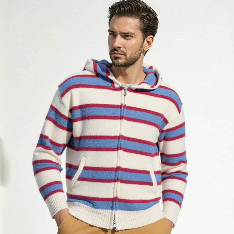 Street-wave Men's Quilted Zip Hoodie with Striped Pattern, Full Zipper, Cozy Warmth