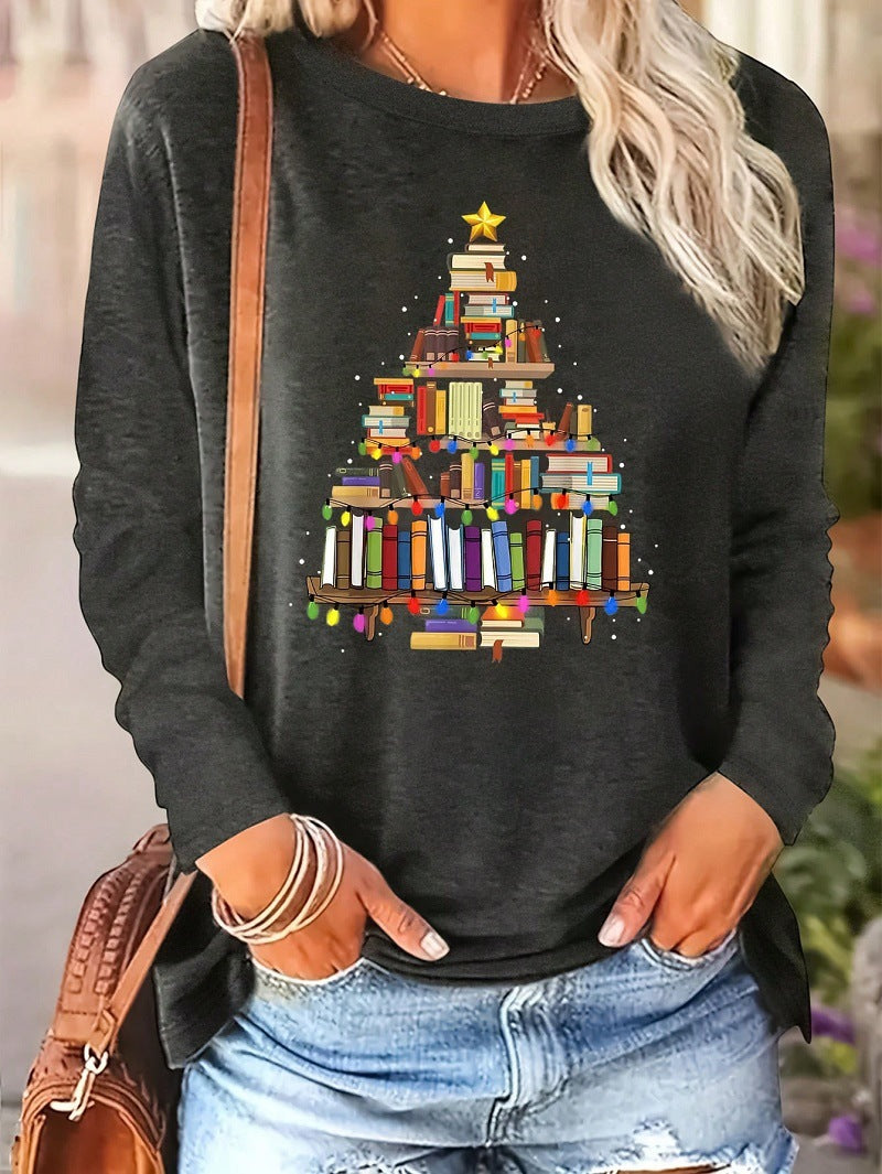 Street-Wave Womens Casual Long Sleeve Festive Book Motif Sweater Cozy Knit for Holidays