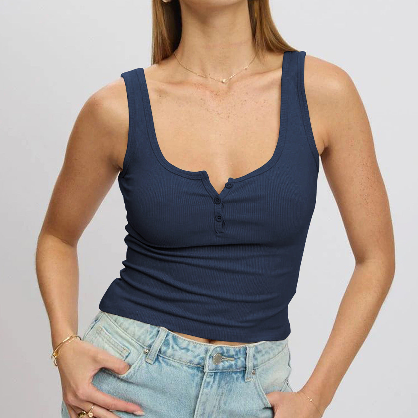 Street-Wave Women's Ribbed Tank Top With Button Placket And Wide Scoop Neck Flattering Fit All Day Comfort