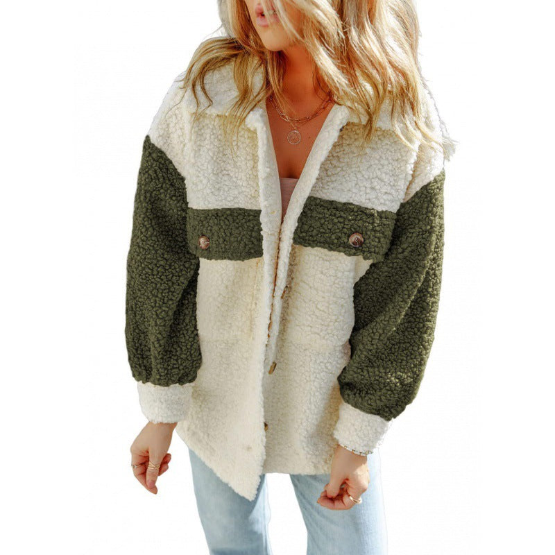 Streetwave Women's Cozy Teddy Jacket With Chest Pockets Plush Fleece Outerwear