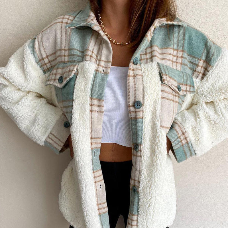 Street-Wave Cozy Sherpa Padded Jacket With Plaid Panel For Women Warmth And Comfort