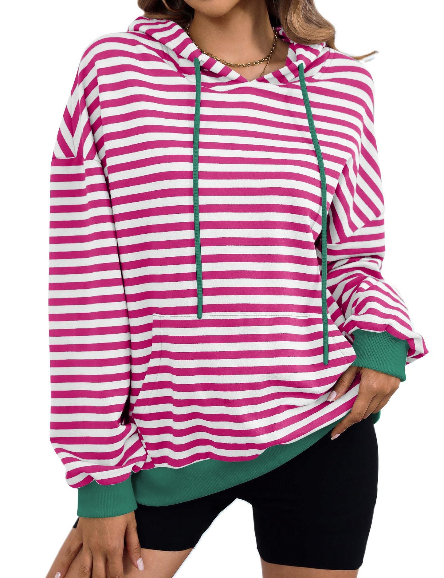 Street-wave Womens Striped Hoodie With Stylish Kangaroo Pocket For Casual Comfort