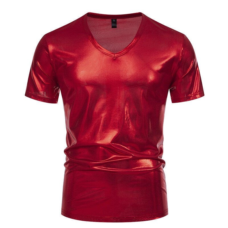 Street-wave Metallic V Neck T Shirt For Men Shiny Finish Party Wear All Day Comfort