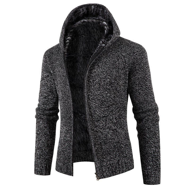 Street-wave Men's Knit Cardigan With Hood And Soft Inner Fleece Lining For Cozy Warmth