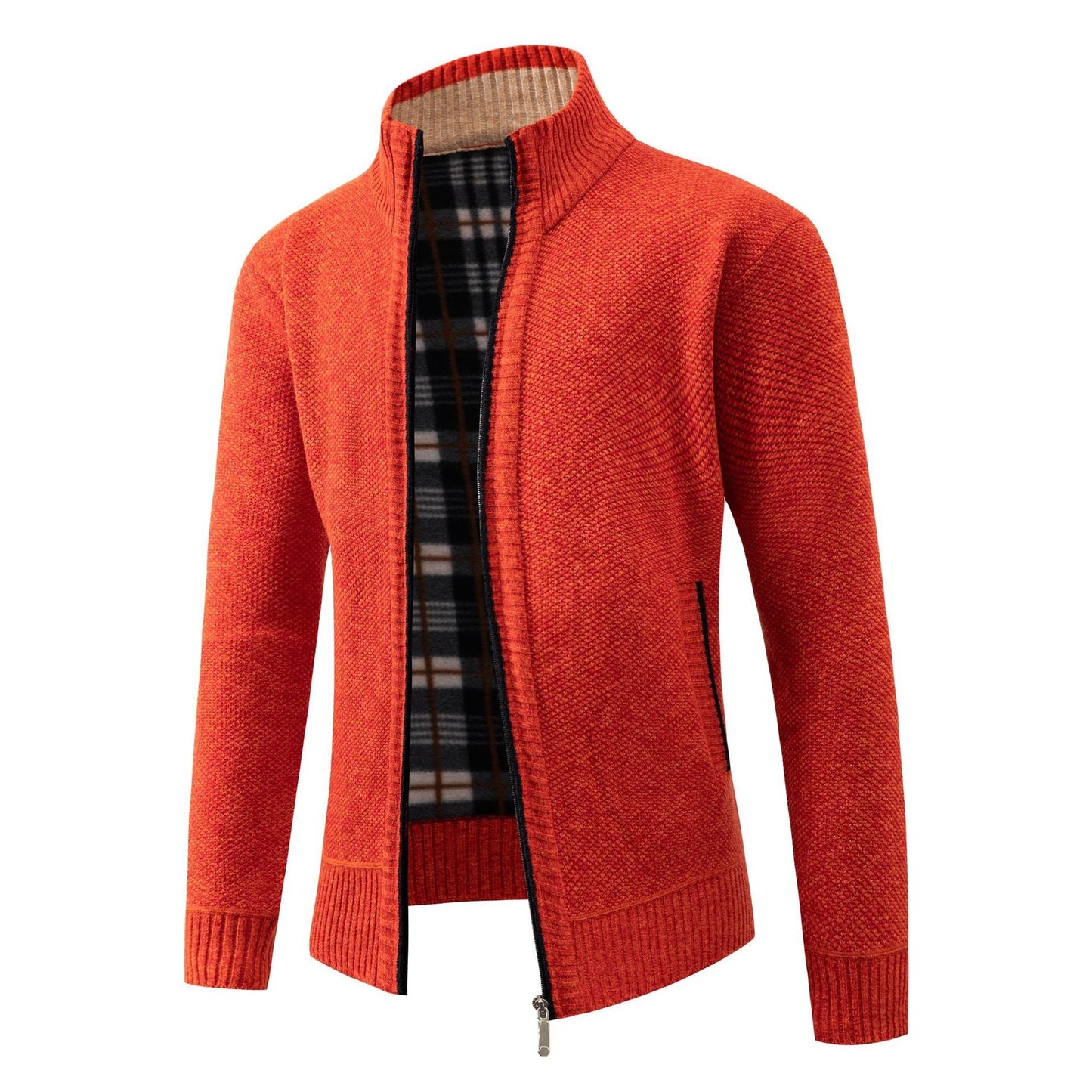 Street Wave Mens Knit Cardigan With Modern Stand Collar And Soft Inner Plaid Lining For Everyday Style