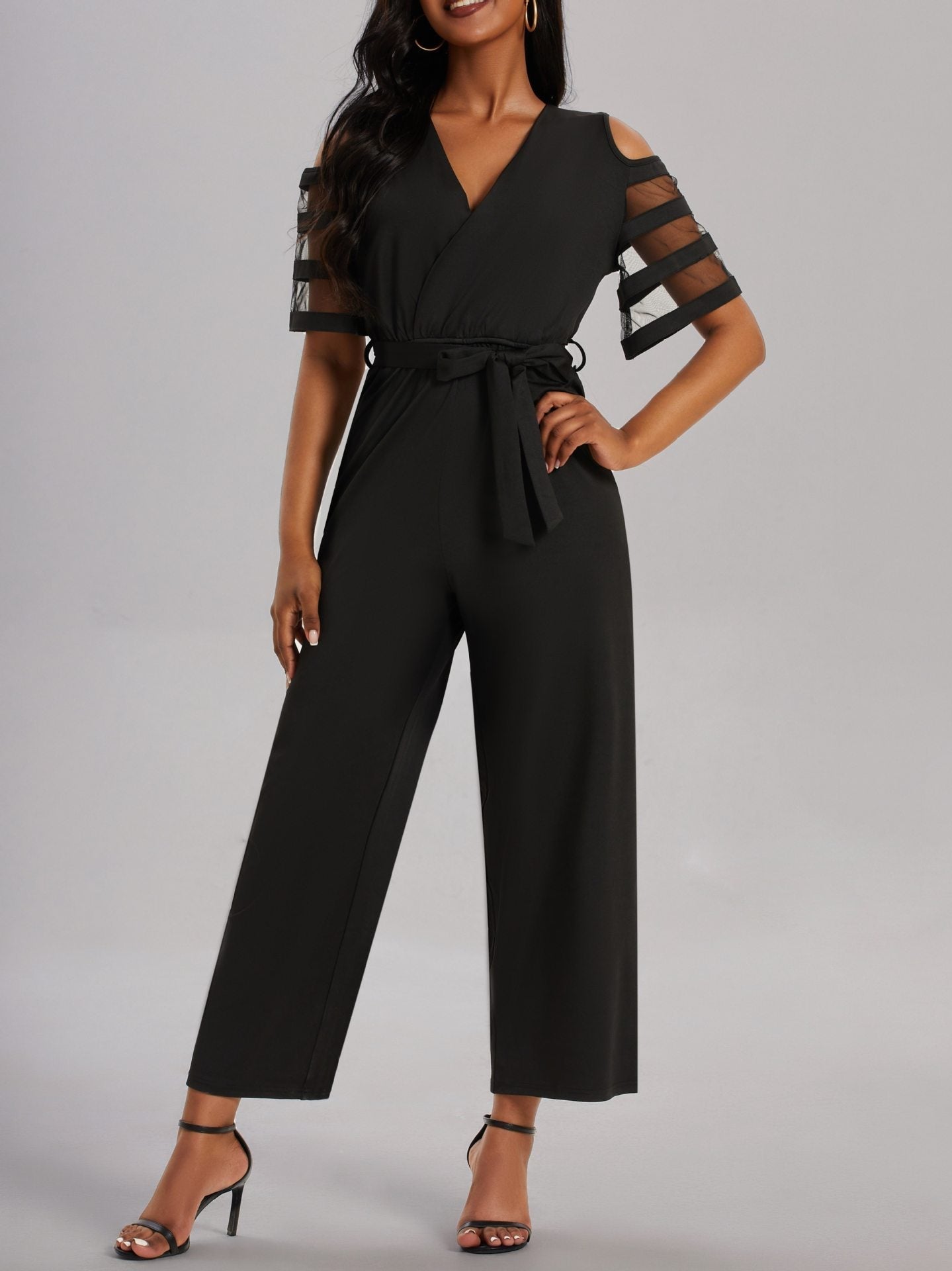 Street-Wave Elegant Women Jumpsuit With Sheer Sleeve Details And Waist Belt For Formal Evenings