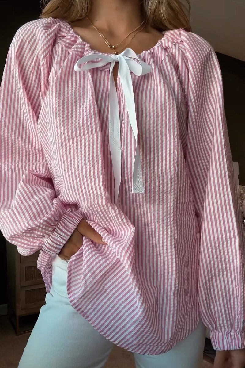 Streetwave Women Striped Elastic Neckline Blouse With Bow Tie For Elegant Everyday Comfort