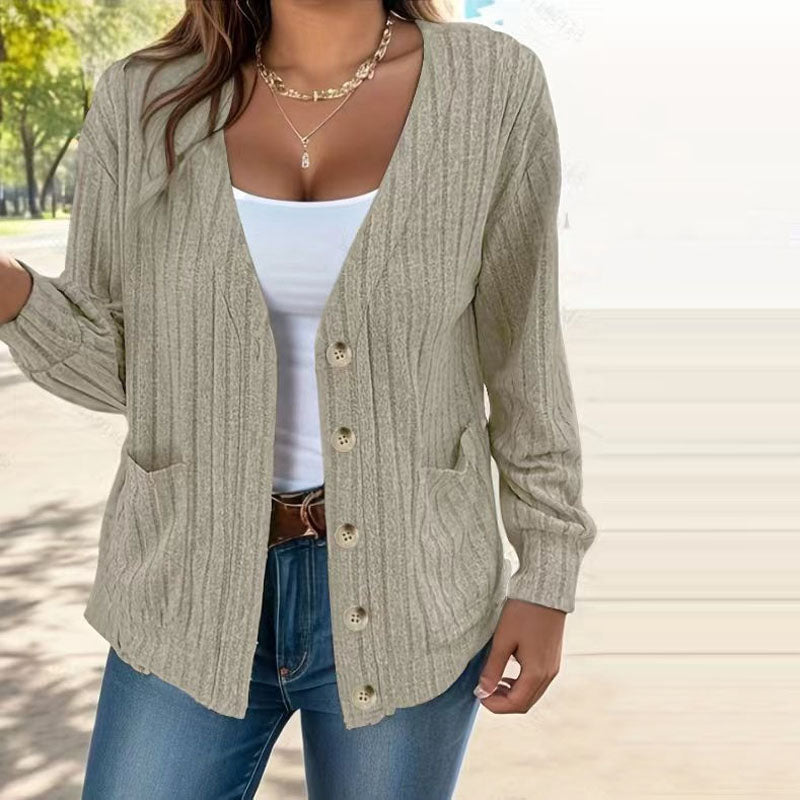 Street-Wave Striped Cardigan for Women Cozy Cotton Blend with Pockets Button Front V Neck