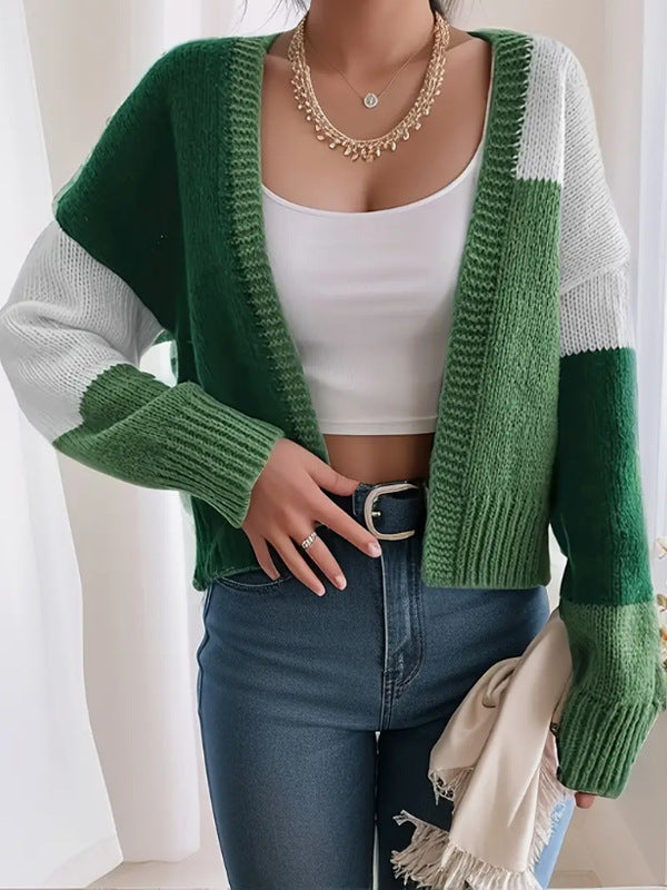 Women's Cardigan – Knit – Short Fit – V-Neck – Block Pattern – Casual Look