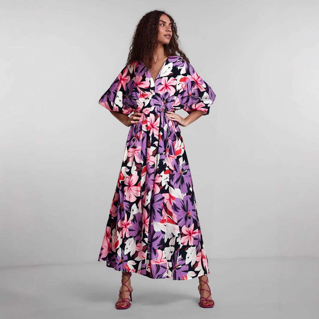 Street-Wave Floral Midi Dress With V-Neck For Women Chic