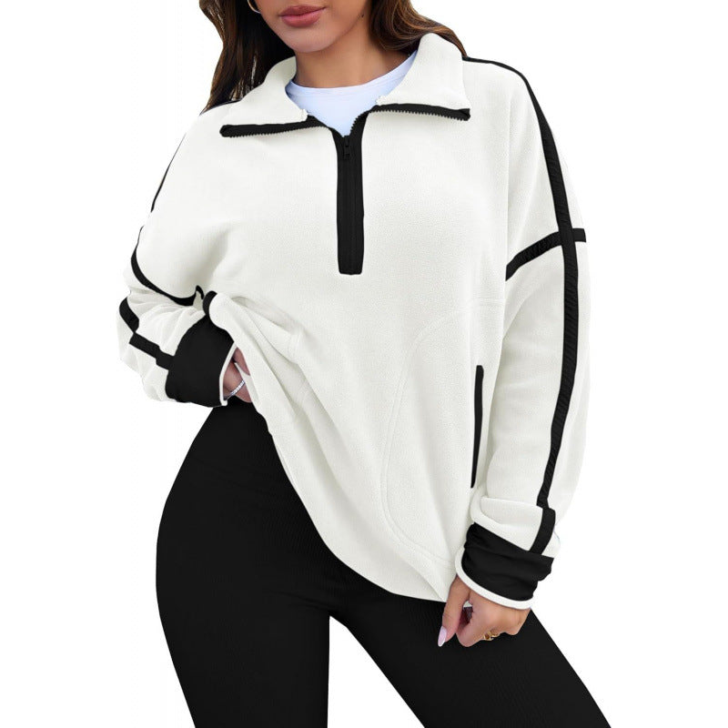 Street-wave Womens Fleece Pullover Half Zip With Contrast Sleeves For Cozy Warmth And Everyday Comfort