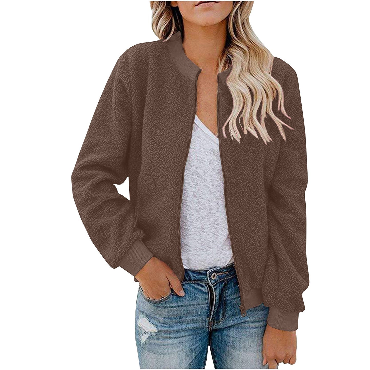 Street Wave Womens Fleece Bomber Jacket With Stand Collar Cozy Warm Everyday Wear