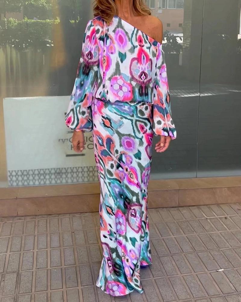 Street Wave Graphic Batik Maxi Dress Off Shoulder With Puffy Sleeves For Women Elegant Occasion