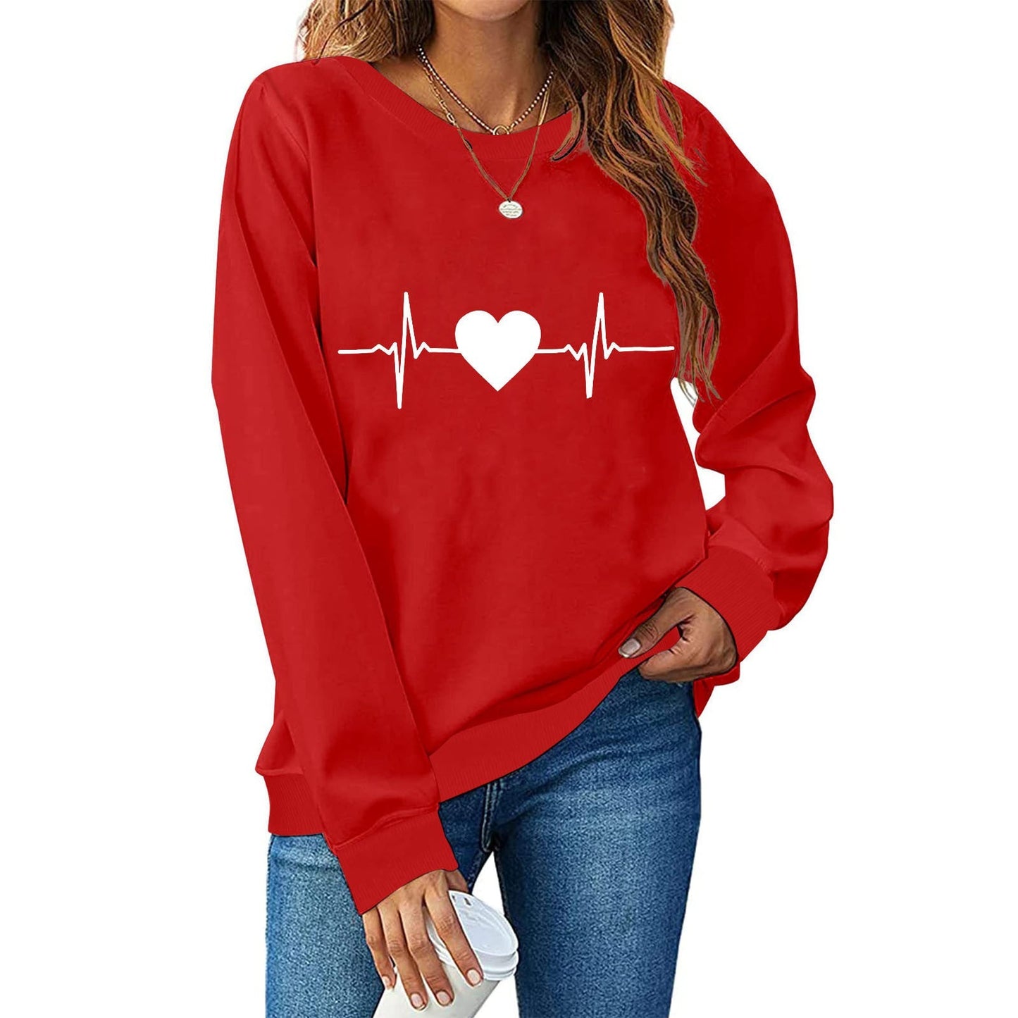 Street-wave Womens Heartbeat Design Sweatshirt Soft Cotton Cozy Wear For Everyday
