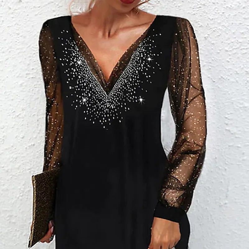 Elegant Evening Dress With Glittering Accents And Sheer Sleeves By Streetwave For Women